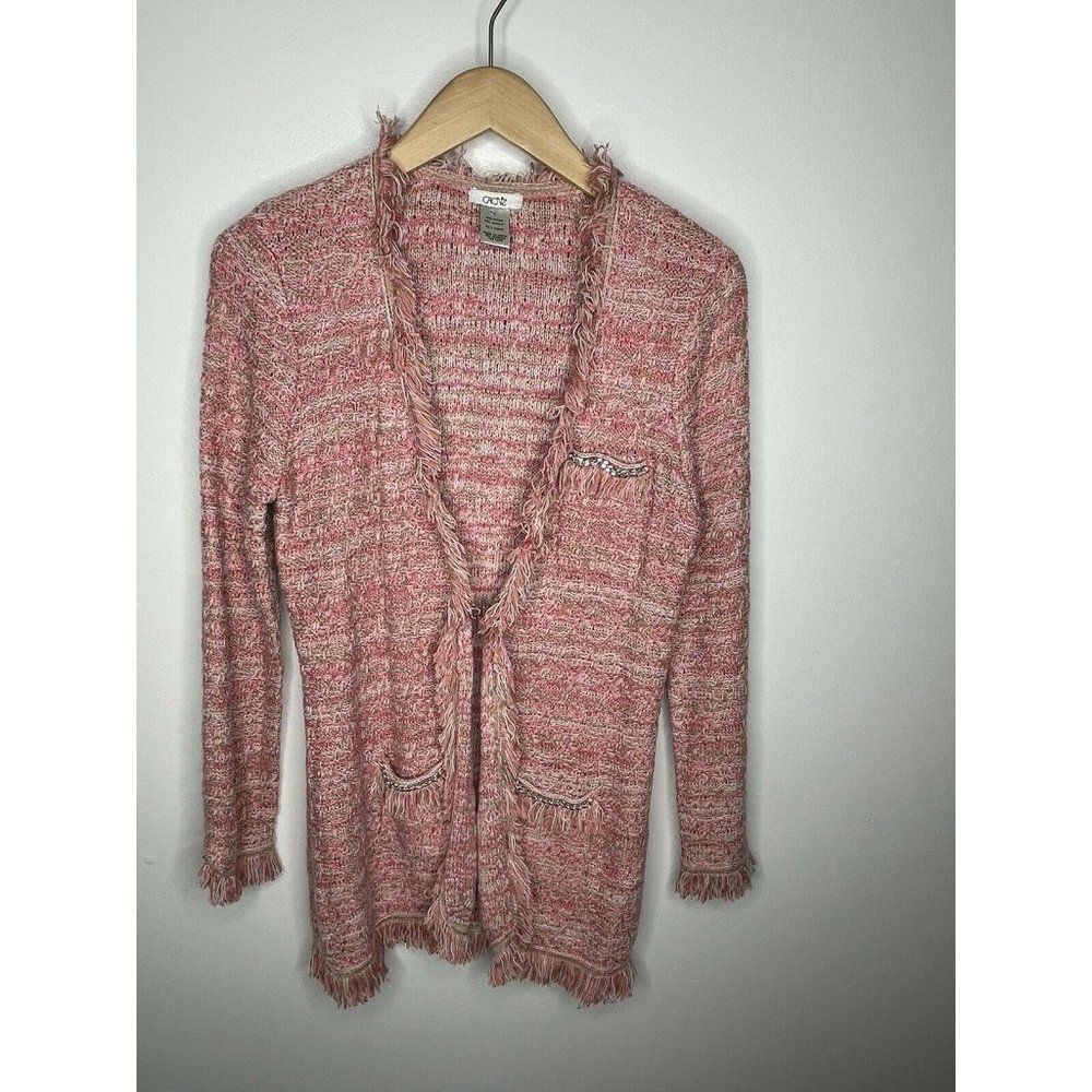 Cache Womens Pink Knit Open Front Fringe Cardigan Sweater Sz S Pockets
